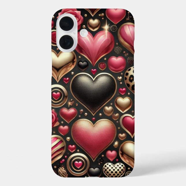ROT PINK SCHWARZ GOLD VALENTINE HERZEN iPhone 16 PLUS HÜLLE (Rückseite)