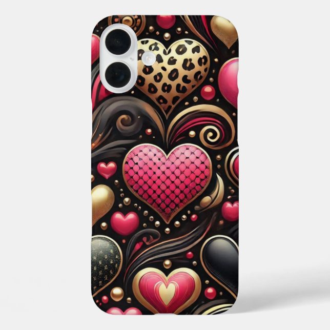 ROT PINK SCHWARZ GOLD VALENTINE HERZEN iPhone 16 PLUS HÜLLE (Rückseite)