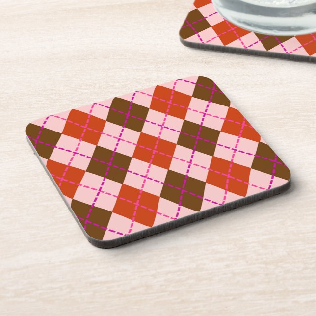 Rot Pink und Braun Argyle-Muster Getränkeuntersetzer (Linke Seite)