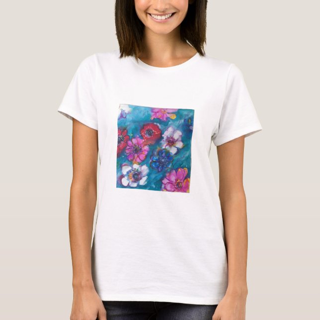 ROT PINK WEISSE, FARBHAFTE BLUME IN BLAU T-Shirt (Vorderseite)