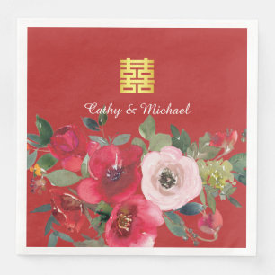 Rot-pinke Aquarell-Blumen modernes doppeltes Glück Serviette