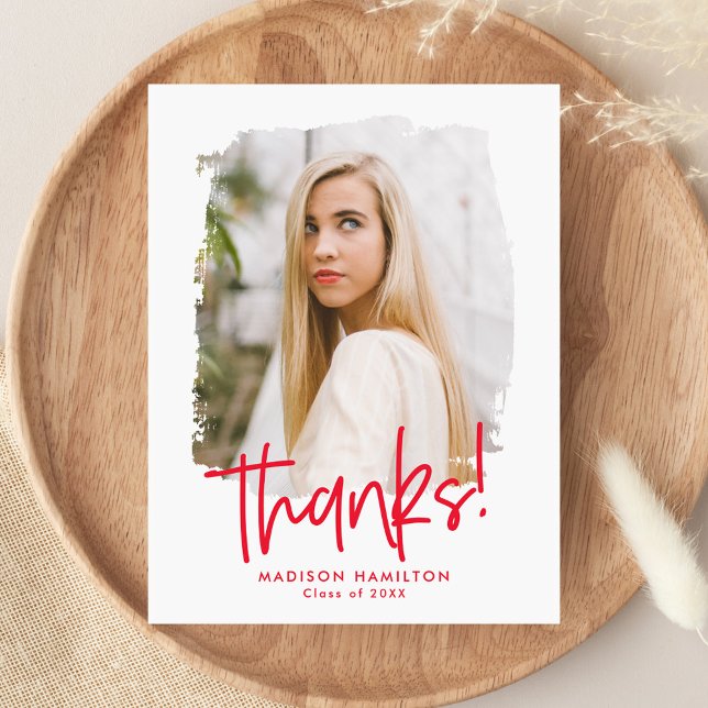 Rot | Preppy Script Foto Abschluss Vielen Dank Postkarte (Von Creator hochgeladen)