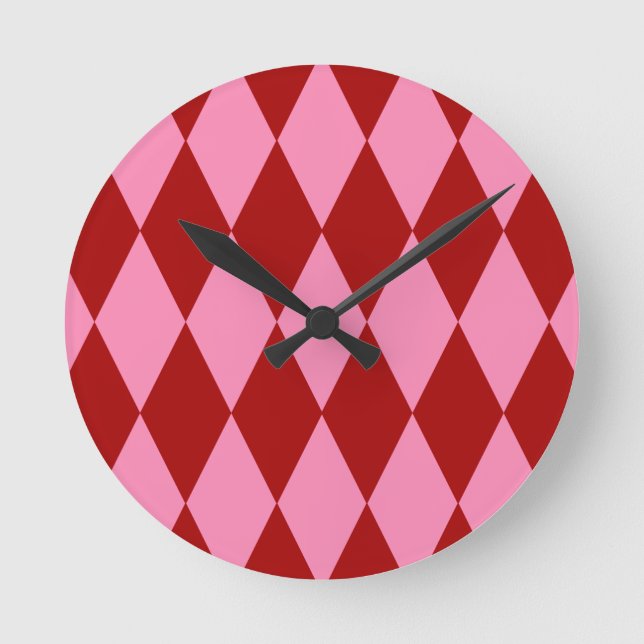 Rot Rosa Harlekin Karomuster Design  Runde Wanduhr (Vorderseite)