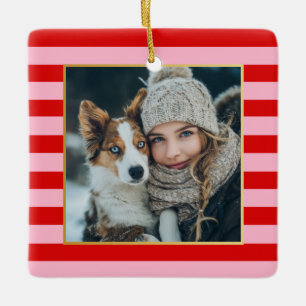 Rot Rosa Streifen Weihnachtsfoto Keramikornament