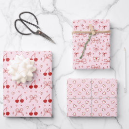 Rot Rosa Süße Schleife Kirsche Herzen Valentinstag Geschenkpapier Set