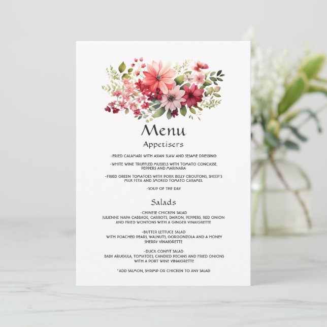 Rot, Rosa und Grüne Blumenhochzeit Menükarte (Stehend Vorderseite)