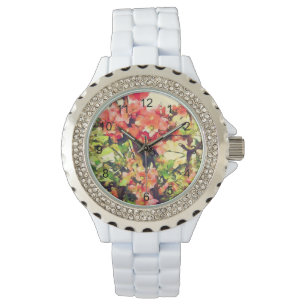Rot Rosa Wasserfarbenes Blumenmuster 1 Armbanduhr