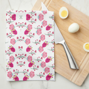 Rot & Rosé symmetrisches Blumen-Gartenmuster Geschirrtuch