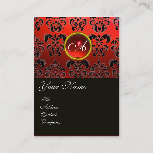 ROT RUBY BLACK DAMASK MONOGRAM, VISITENKARTE (Vorderseite)