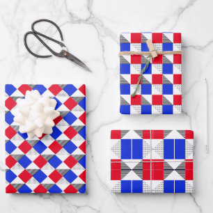 Rot & Schwarz & Blau Modernes geometrisches Muster Geschenkpapier Set
