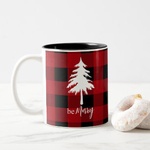 Rot-Schwarz-Buffalo-Kariert-Evergreen-Baum-Sei-fro Zweifarbige Tasse
