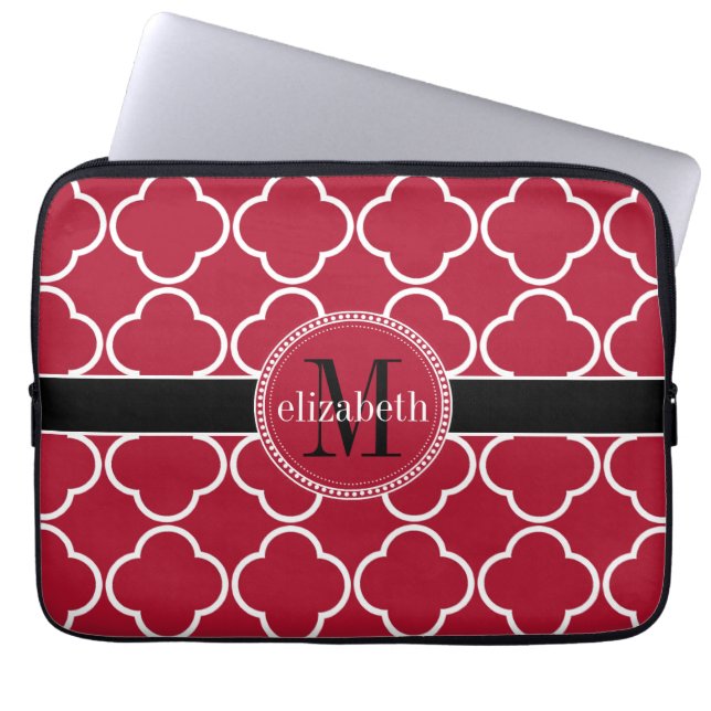 Rot | Schwarz | Monogram, White Quatrefoil Closed Laptopschutzhülle (Vorderseite)