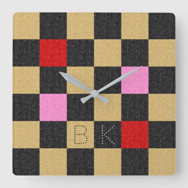 Rot-schwarz-rosa-Glitzer Gelbe Chic Quadratische Wanduhr (Vorderseite)