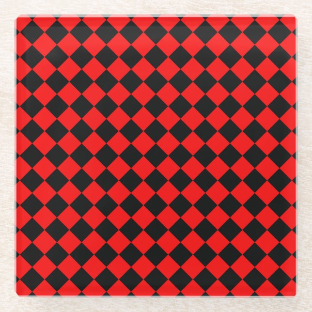 Rot-Schwarz-Schachbrett-Diamantmuster Glasuntersetzer (Vorderseite)