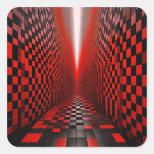 Rot-Schwarz-Schachbrett-Flur mit Licht Quadratischer Aufkleber