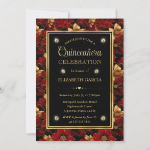 Rot Schwarz und Gold Marmor Blumen Quinceanera Einladung