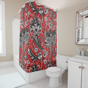 Rot Schwarz und Weiß Floral Paisley Boheme Boho Duschvorhang