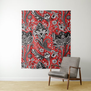 Rot Schwarz und Weiß Floral Paisley Bohemian Boho Wandteppich