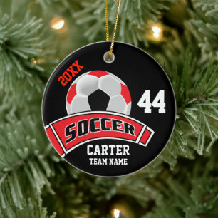 Rot, Schwarz und Weiß personalisieren Fußball ⚽ Keramik Ornament