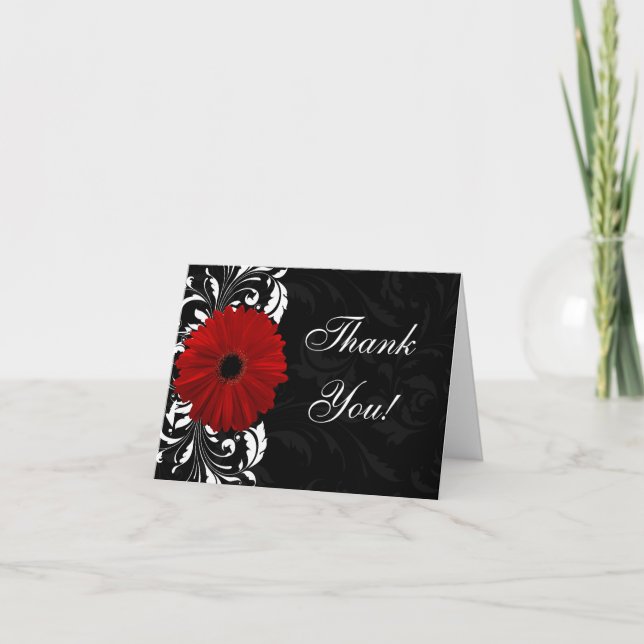 Rot, Schwarz und Weiß Scroll Gerbera Daisy Dankeskarte (Vorderseite)