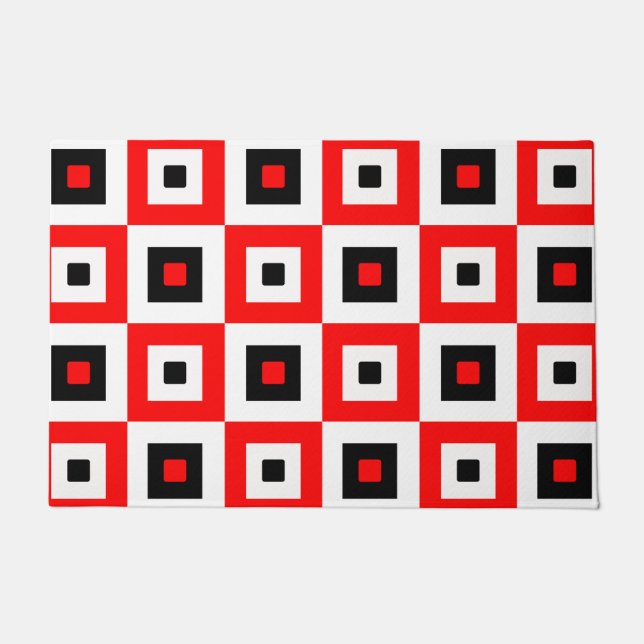 Rot Schwarz Weiß Karierte Quadrate Muster Design Fußmatte (Vorderseite)