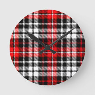 Rot-Schwarz-Weiß-Karo-Tartan-Musterdesign Runde Wanduhr