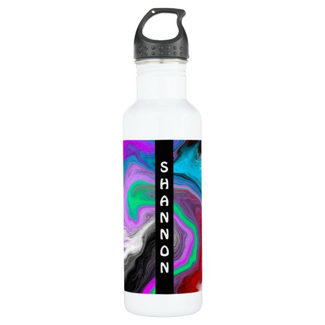 Rot, Schwarz, Weiß, Lila, Blau-Fluid Art Marmor Edelstahlflasche (Vorderseite)