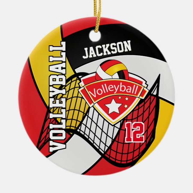 Rot, Schwarz, Weiß und Gold Volleyball Keramikornament (Vorne)