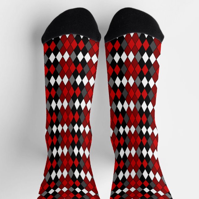 Rot, Schwarz, Weiß und Grau Diamantmuster Socken (Oben)