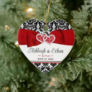 Rot, Schwarz, Weiße Damaske Liebe Herz Hochzeit Keramik Ornament