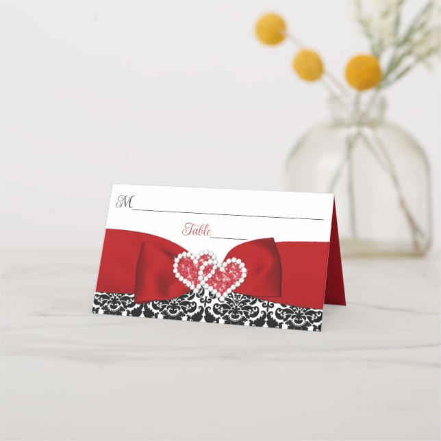 Rot, Schwarz, Weiße Damaske Liebe Herz Hochzeit Platzkarte (Vorderseite)