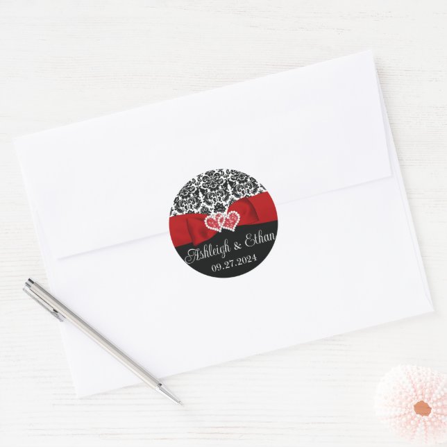 Rot, Schwarz, Weiße Damaske Liebe Herz Hochzeit Runder Aufkleber (Umschlag)