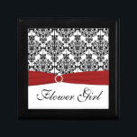 Rot, Schwarz, Weiße Damastblume Trinkbox Geschenkbox<br><div class="desc">Diese individuell gestaltbare Schmuckbox aus schwarz-weißem Damast hat ein Farbband mit roten IMITATEN und eine Brosche mit Schmuck. Sie können die Wörter "Flower Girl" zu jedem Hochzeitsgesellschafter ändern, wie z.B. den Namen des Empfängers, seine Monogramme oder einfach "Danke". Wenn Sie Änderungen wünschen oder Hilfe bei der Anpassung Ihres Textes benötigen,...</div>