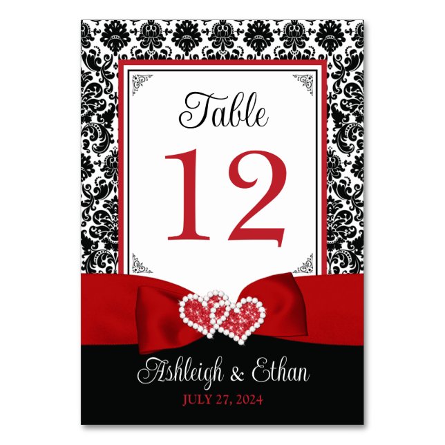 Rot, Schwarze Liebe Herz Hochzeit Tischnummer (Vorderseite)