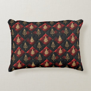 Rot-Schwarze Quilt-Quadrate Goldene Weihnachtsbäum Dekokissen