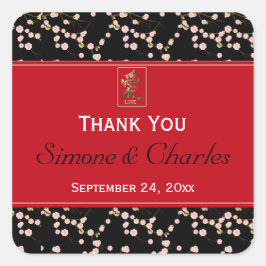 Rot, Schwarzer Kirschblüten Gastgeschenk Hochzeit  Quadratischer Aufkleber