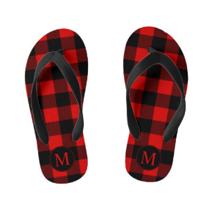Rot-Schwarzes Büffel-Karo mit Monogramm Kinderbadesandalen