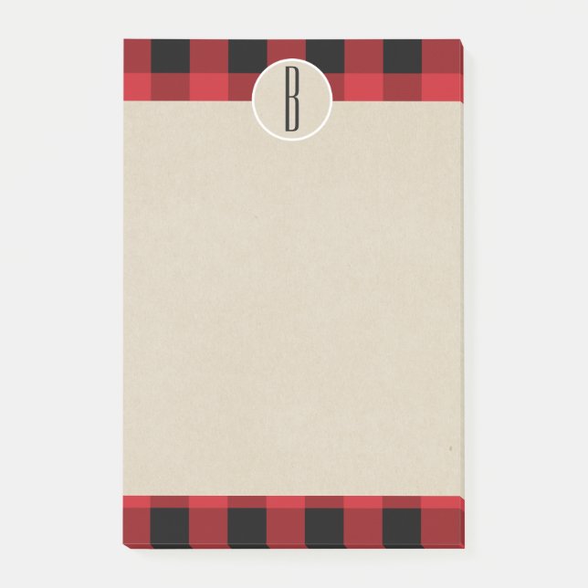 Rot-schwarzes Karo-Kraftpapier rustikale Monogramm Post-it Klebezettel (Vorderseite)