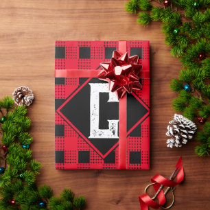 rot-schwarzes modernes Büffel-Karo-Monogramm-Initi Geschenkpapier