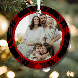 Rot-schwarzes Tartan-Karo-Familienfoto-Ornament Ornament Aus Metall