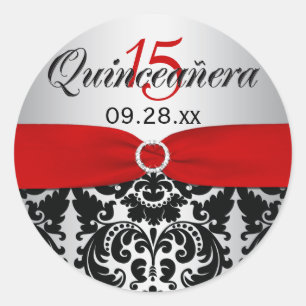 Rot, Silber, schwarzer Damast Quinceanera Runder Aufkleber