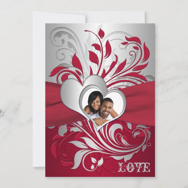 Rot, Silber Scrolls, Herz-Foto Hochzeitsempfang Einladung (Vorderseite)