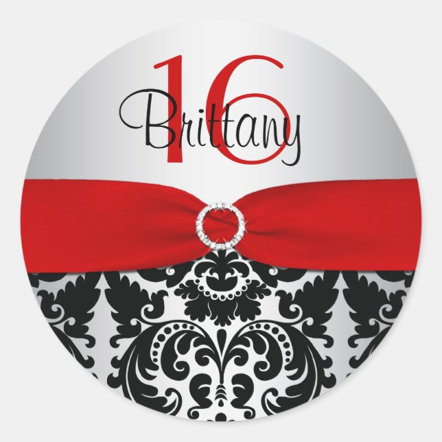 Rot, Silber und schwarzer Damast Sweet 16 Sticker (Vorderseite)