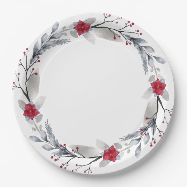 Rot, Silberfrohe Weihnachtswüste Pappteller (Vorderseite)