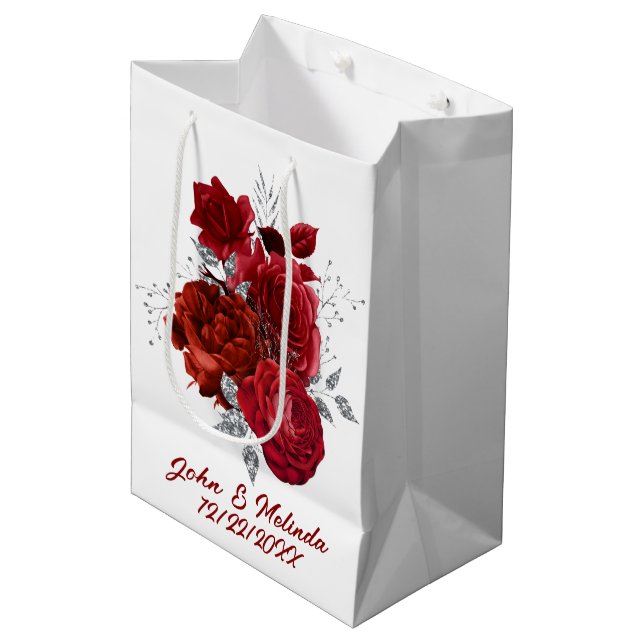 Rot silberne Rose mit Namensdatum Mittlere Geschenktüte (Vorderseite Schrägansicht)