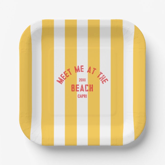 Rot trifft mich am Strand gelben Cabana Streifen Pappteller (Vorderseite)