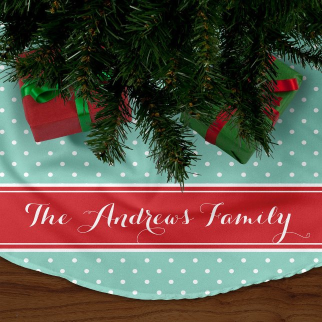 Rot und Aqua Preppy Dots Monogramm Polyester Weihnachtsbaumdecke (Von Creator hochgeladen)