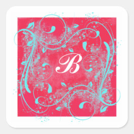 Rot und Aqua-Wirbel 1,5" Mit Monogramm Aufkleber