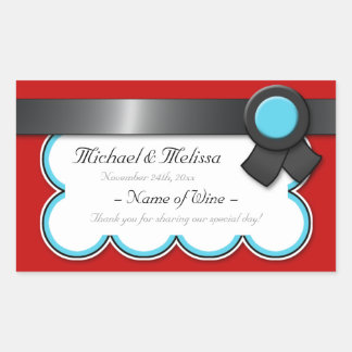 Rot und Aquamarin, Schwarzes Ribbon Hochzeitsweinf Rechteckiger Aufkleber