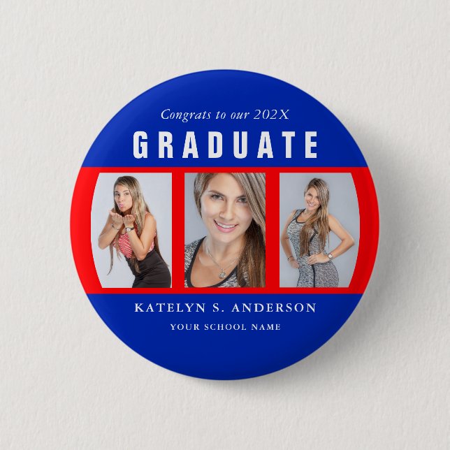 Rot und Blau Abschluss FotoCollage Custom Button (Vorderseite)